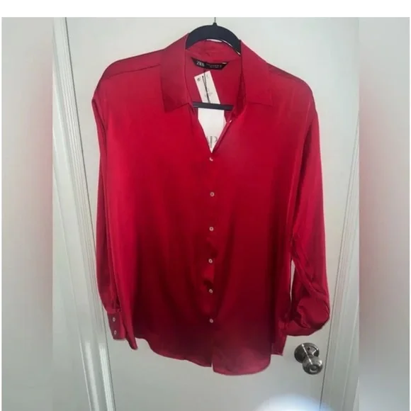 NWT Zara Red Button Down Shirt - Picture 6 of 7
